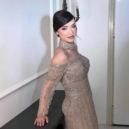 Luxury Caramel Off Shoulder Beaded Mermaid Evening Dress Long Sleeves LA73053 - SERENE  HILL