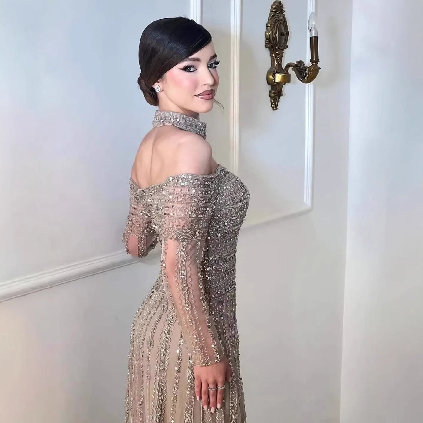 Luxury Caramel Off Shoulder Beaded Mermaid Evening Dress Long Sleeves LA73053 - SERENE  HILL
