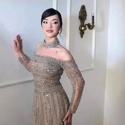 Luxury Caramel Off Shoulder Beaded Mermaid Evening Dress Long Sleeves LA73053 - SERENE  HILL