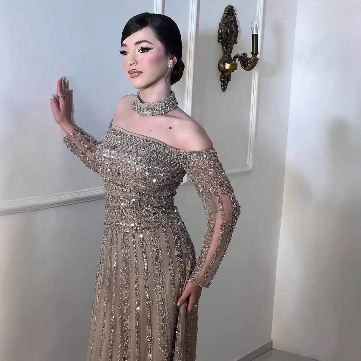 Luxury Caramel Off Shoulder Beaded Mermaid Evening Dress Long Sleeves LA73053 - SERENE  HILL