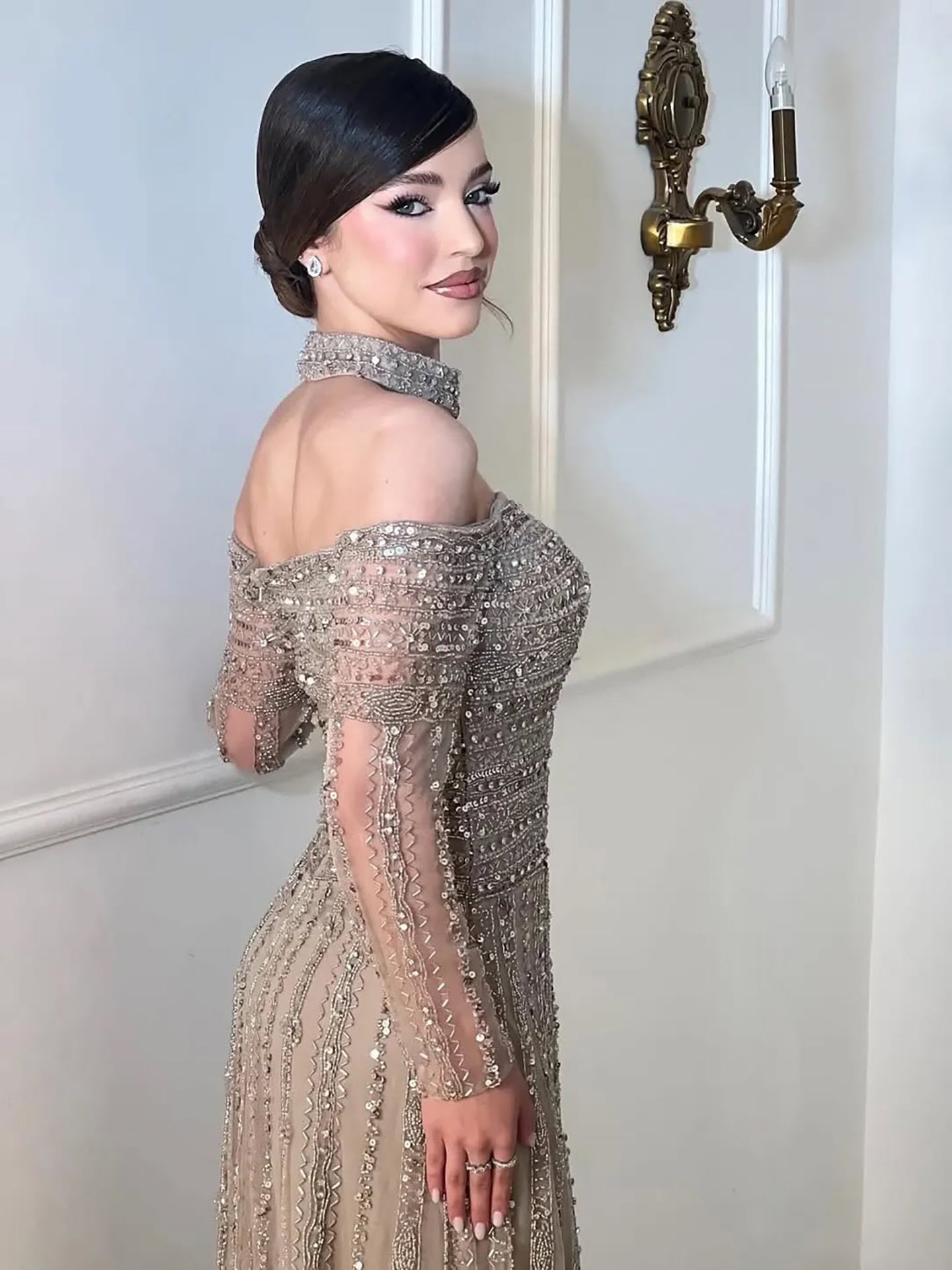Luxury Caramel Off Shoulder Beaded Mermaid Evening Dress Long Sleeves LA73053 - SERENE  HILL