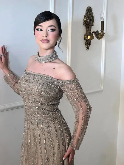 Luxury Caramel Off Shoulder Beaded Mermaid Evening Dress Long Sleeves LA73053 - SERENE  HILL
