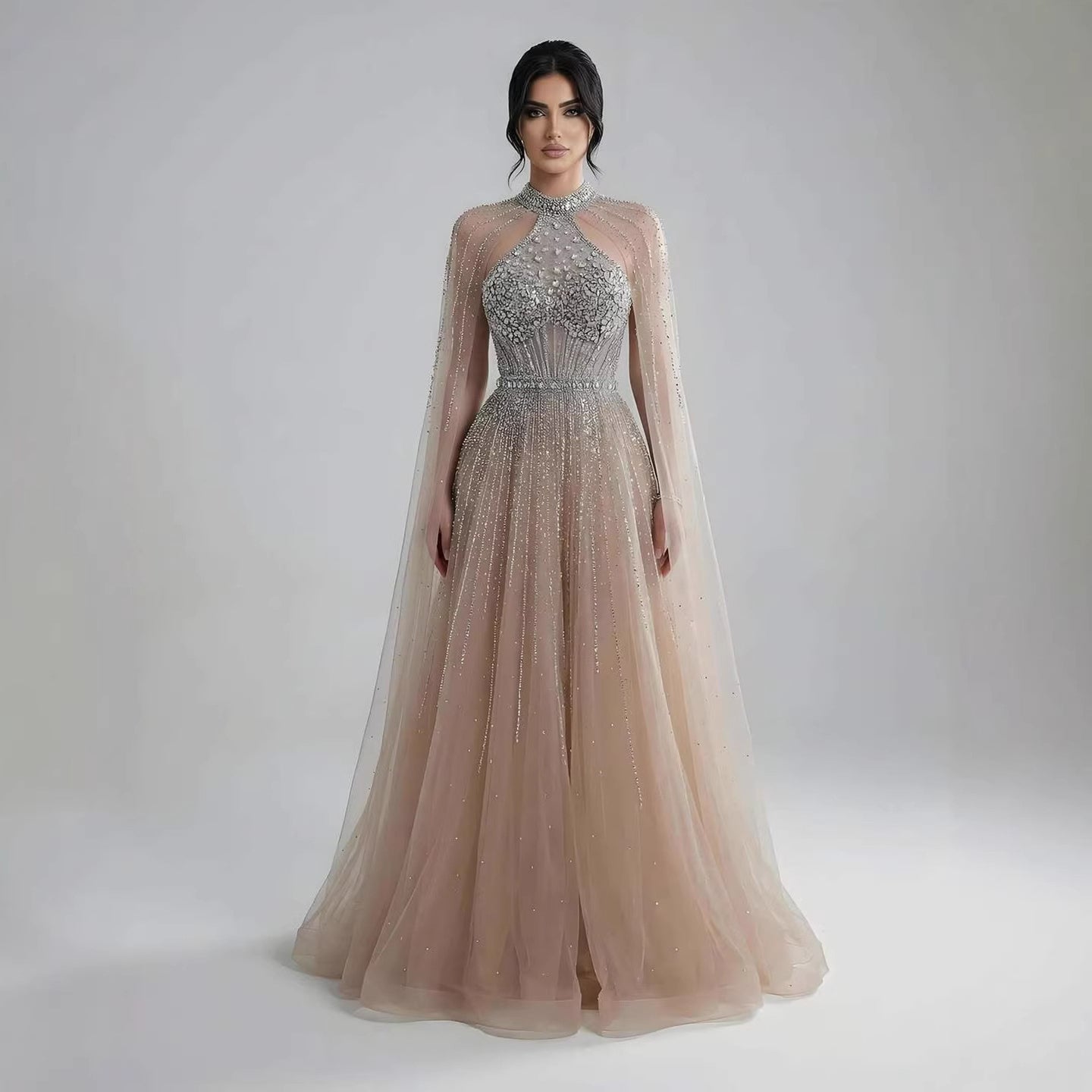 Luxury Beaded A-Line Evening Dress with Cape Sleeves LA73054
