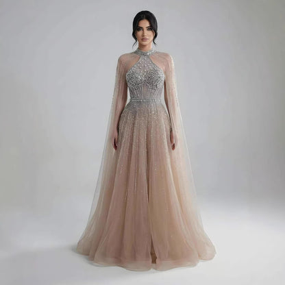 Luxury Beaded A-Line Evening Dress with Cape Sleeves LA73054