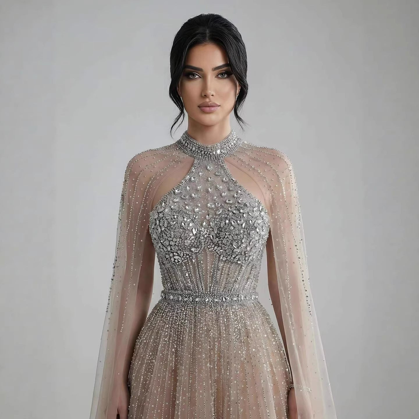 Luxury Beaded A-Line Evening Dress with Cape Sleeves LA73054