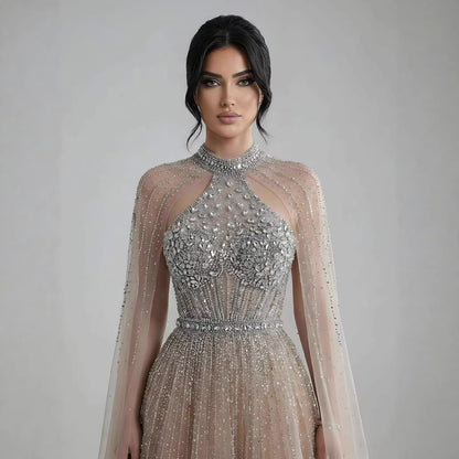 Luxury Beaded A-Line Evening Dress with Cape Sleeves LA73054