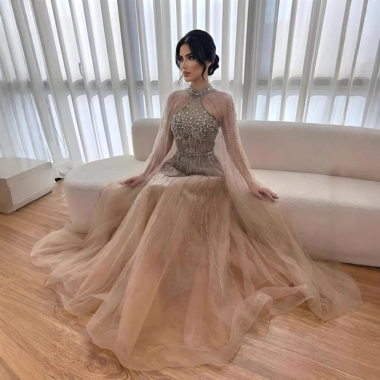 Luxury Beaded A-Line Evening Dress with Cape Sleeves LA73054