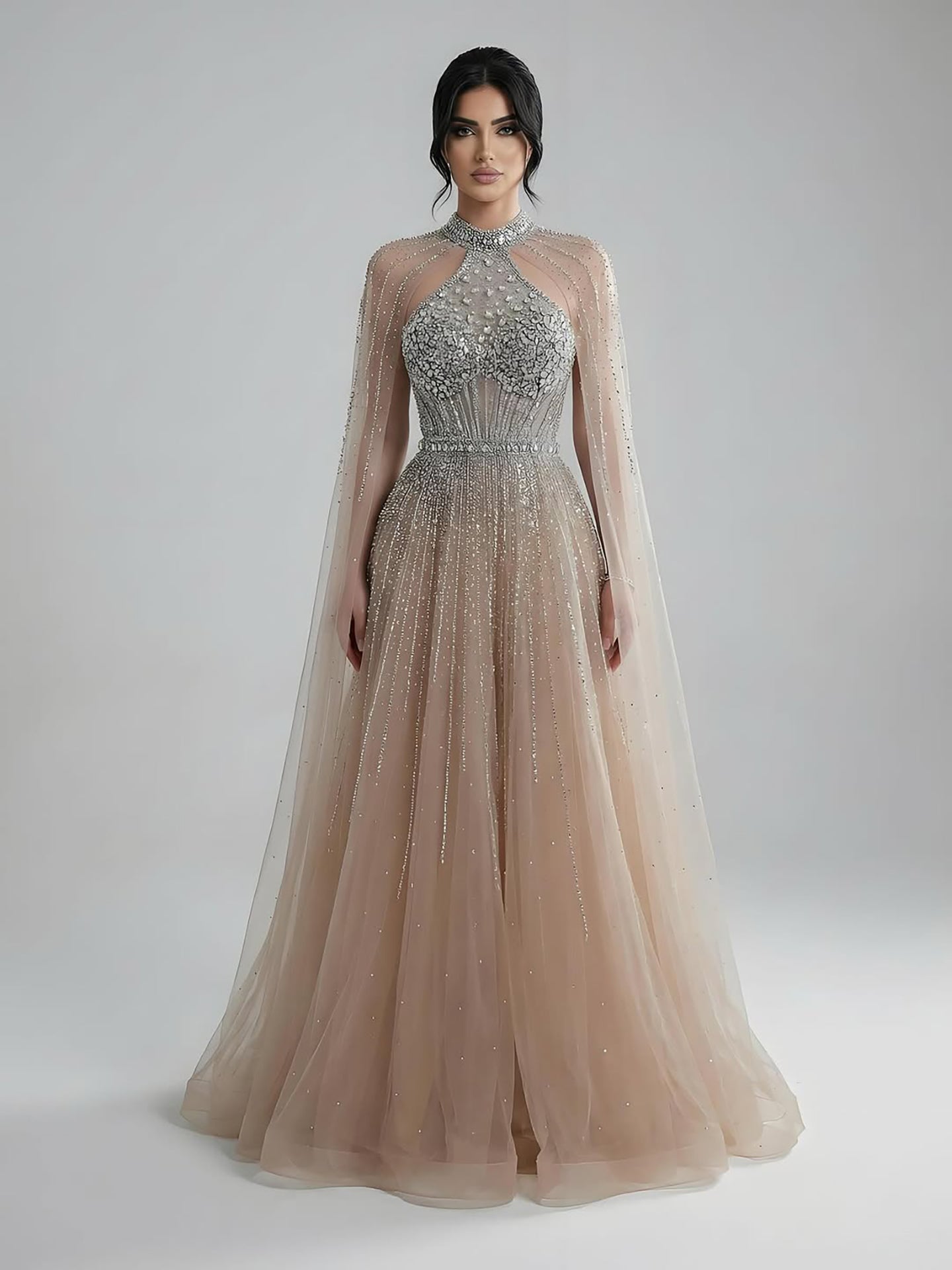 Luxury Beaded A-Line Evening Dress with Cape Sleeves LA73054