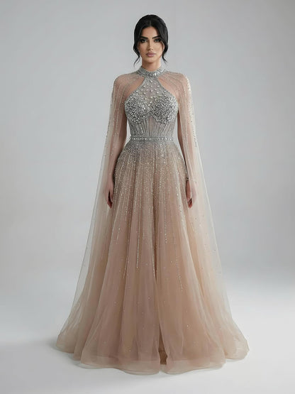 Luxury Beaded A-Line Evening Dress with Cape Sleeves LA73054