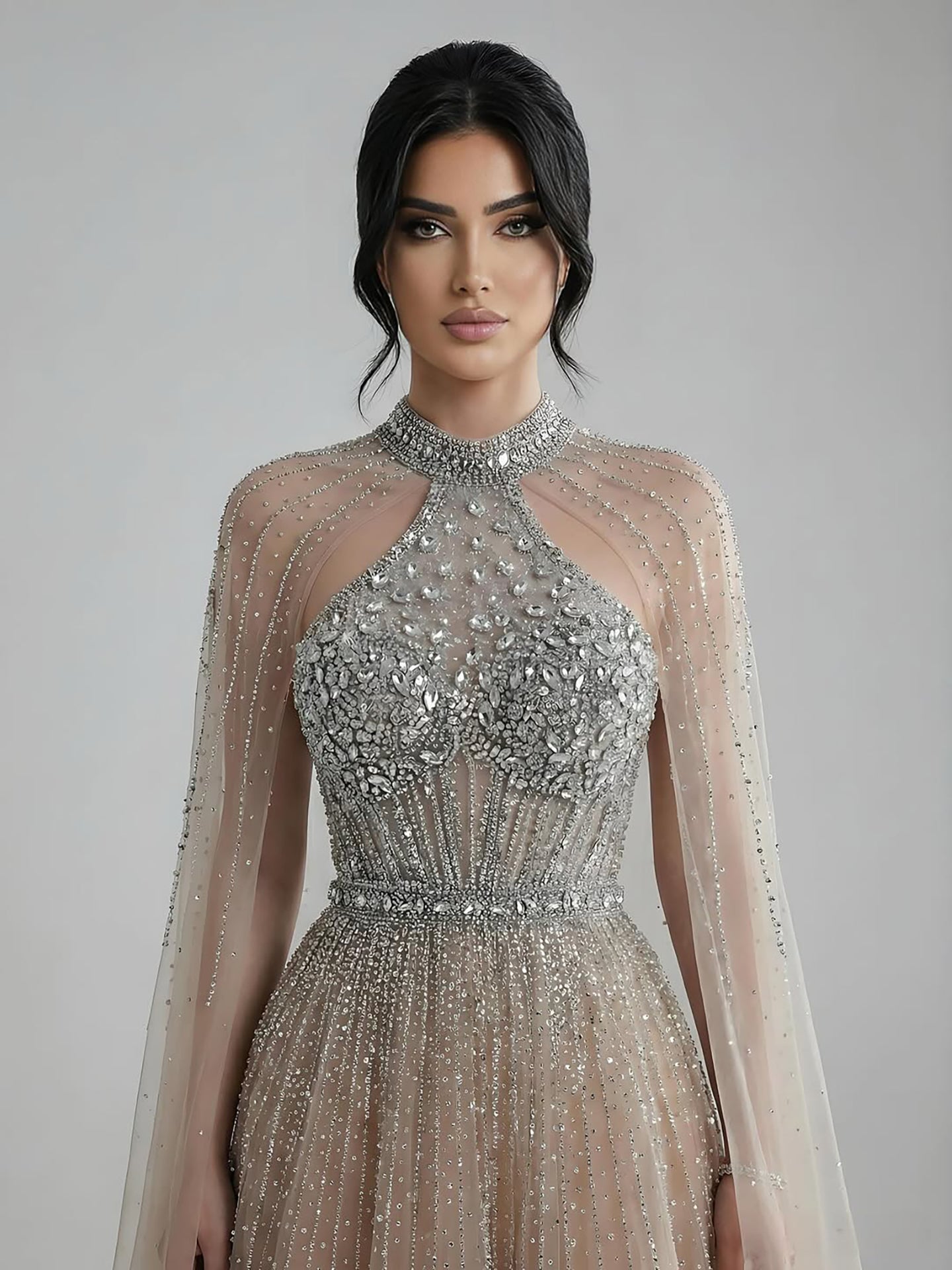 Luxury Beaded A-Line Evening Dress with Cape Sleeves LA73054