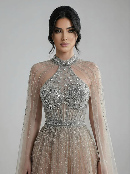 Luxury Beaded A-Line Evening Dress with Cape Sleeves LA73054