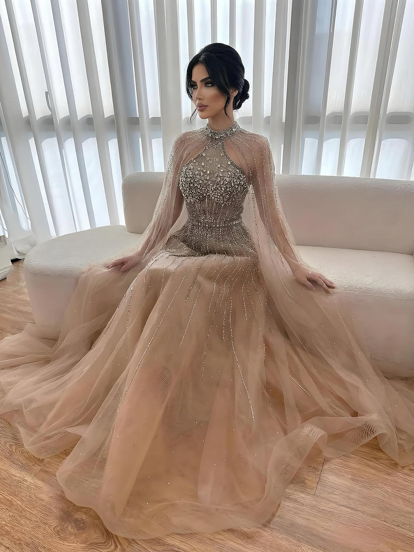 Luxury Beaded A-Line Evening Dress with Cape Sleeves LA73054