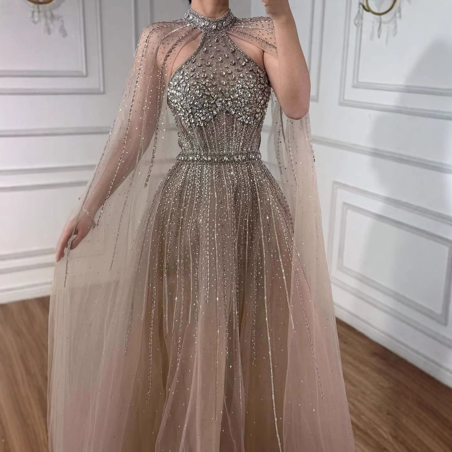 Luxury Beaded A-Line Evening Dress with Cape Sleeves LA73054