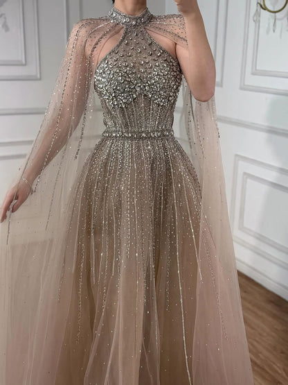 Luxury Beaded A-Line Evening Dress with Cape Sleeves LA73054
