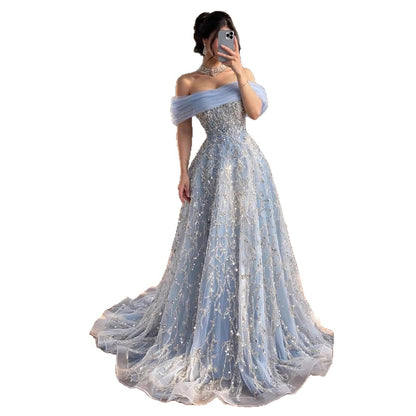 Luxury Silver Gray Turkish Crystal Beaded Evening Dress LA73062A