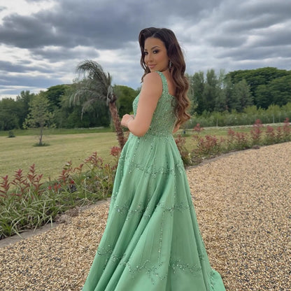 Elegant Sage Green Beaded A-Line Evening Dress LA73064