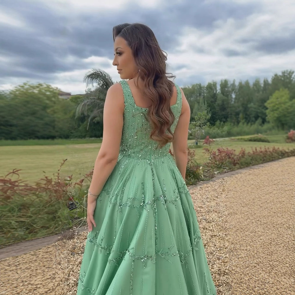 Elegant Sage Green Beaded A-Line Evening Dress LA73064