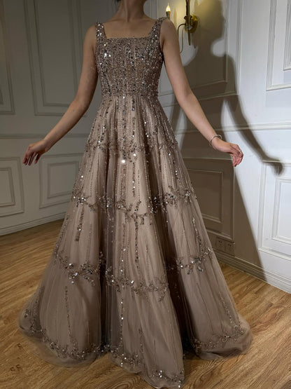 Elegant Sage Green Beaded A-Line Evening Dress LA73064