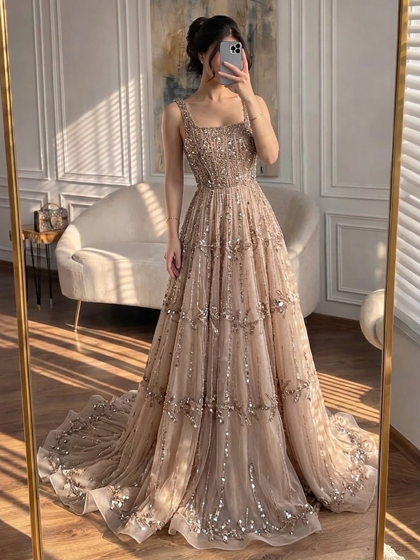 Elegant Sage Green Beaded A-Line Evening Dress LA73064