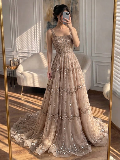 Elegant Sage Green Beaded A-Line Evening Dress LA73064