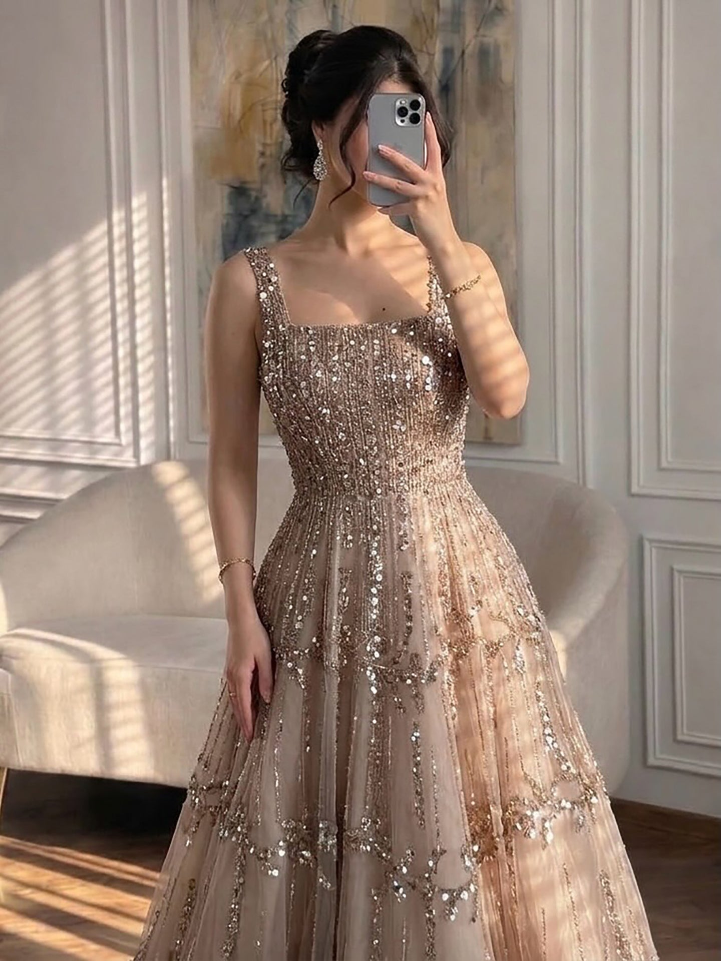 Elegant Sage Green Beaded A-Line Evening Dress LA73064