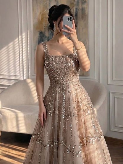 Elegant Sage Green Beaded A-Line Evening Dress LA73064