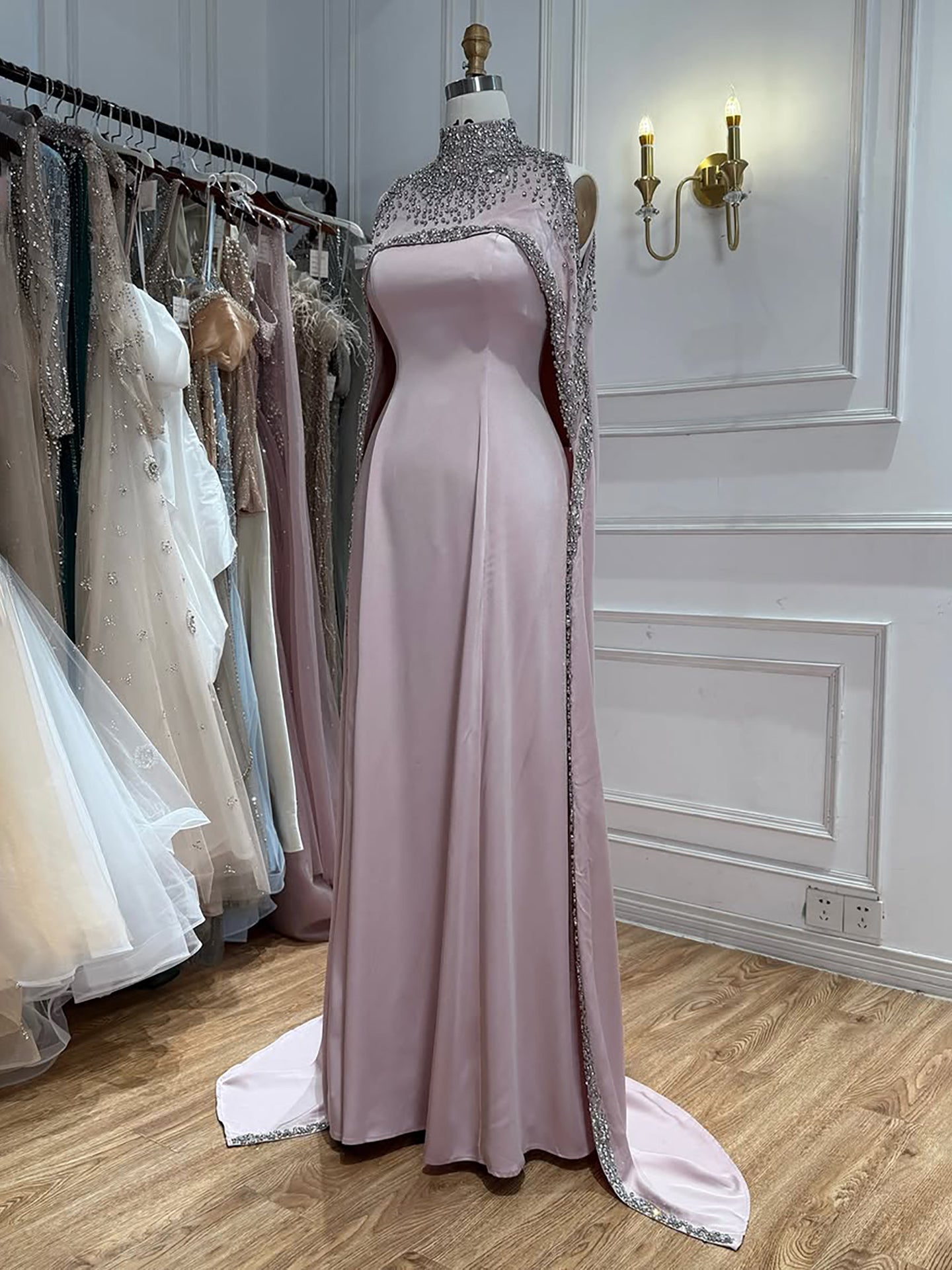 Elegant High Neck Evening Dress with Crystals and Long Cape LA73068 SERENE HILL
