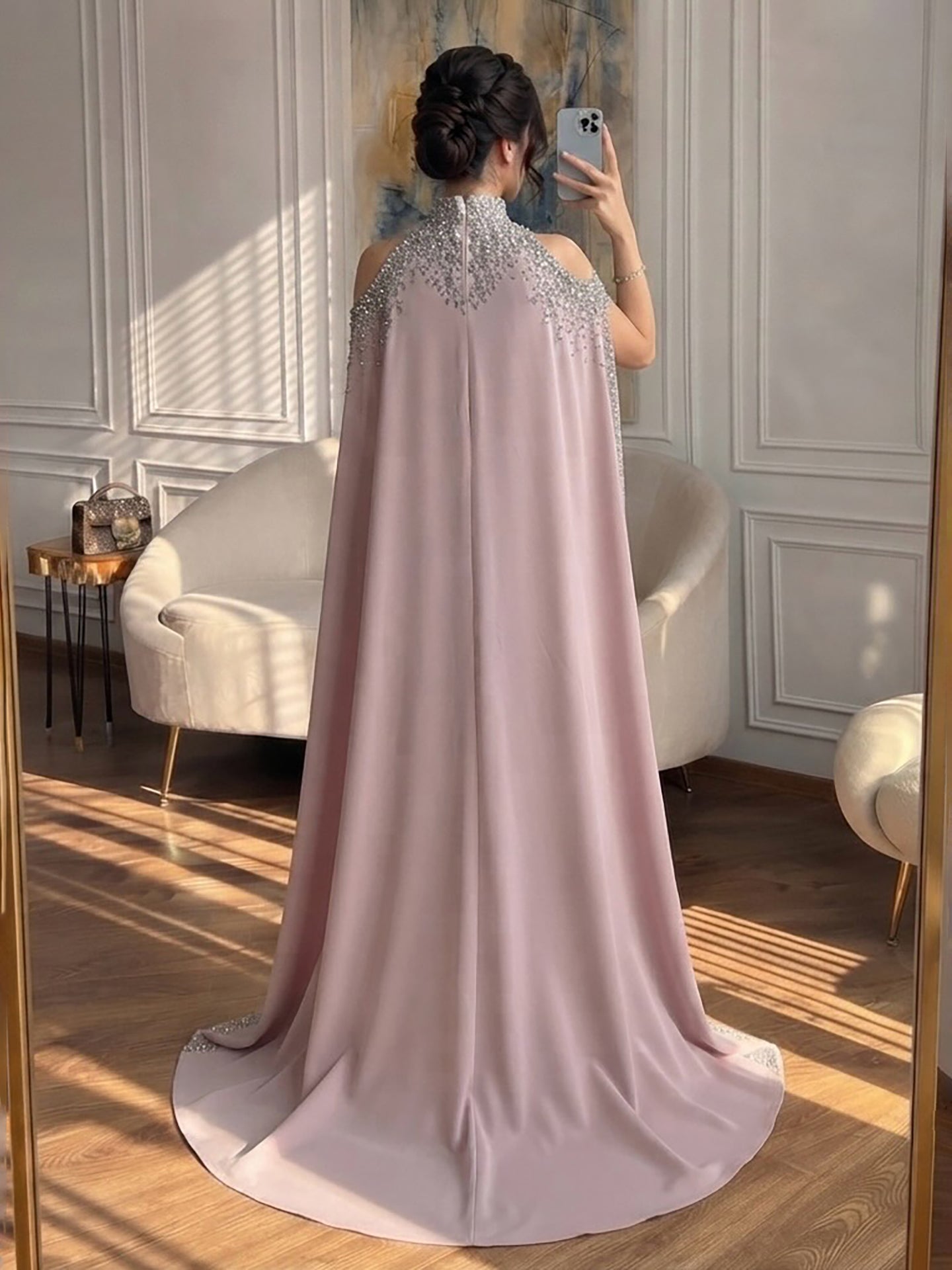 Elegant High Neck Evening Dress with Crystals and Long Cape LA73068 SERENE HILL