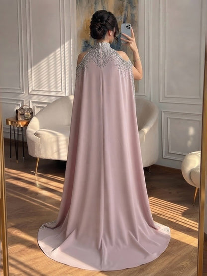 Elegant High Neck Evening Dress with Crystals and Long Cape LA73068 SERENE HILL