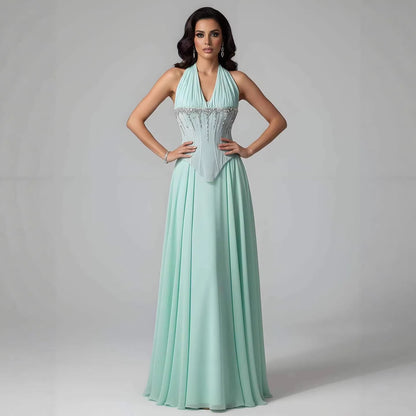 Luxury Designer Sage Green Chiffon Halter Beaded   Evening Dress LA73074