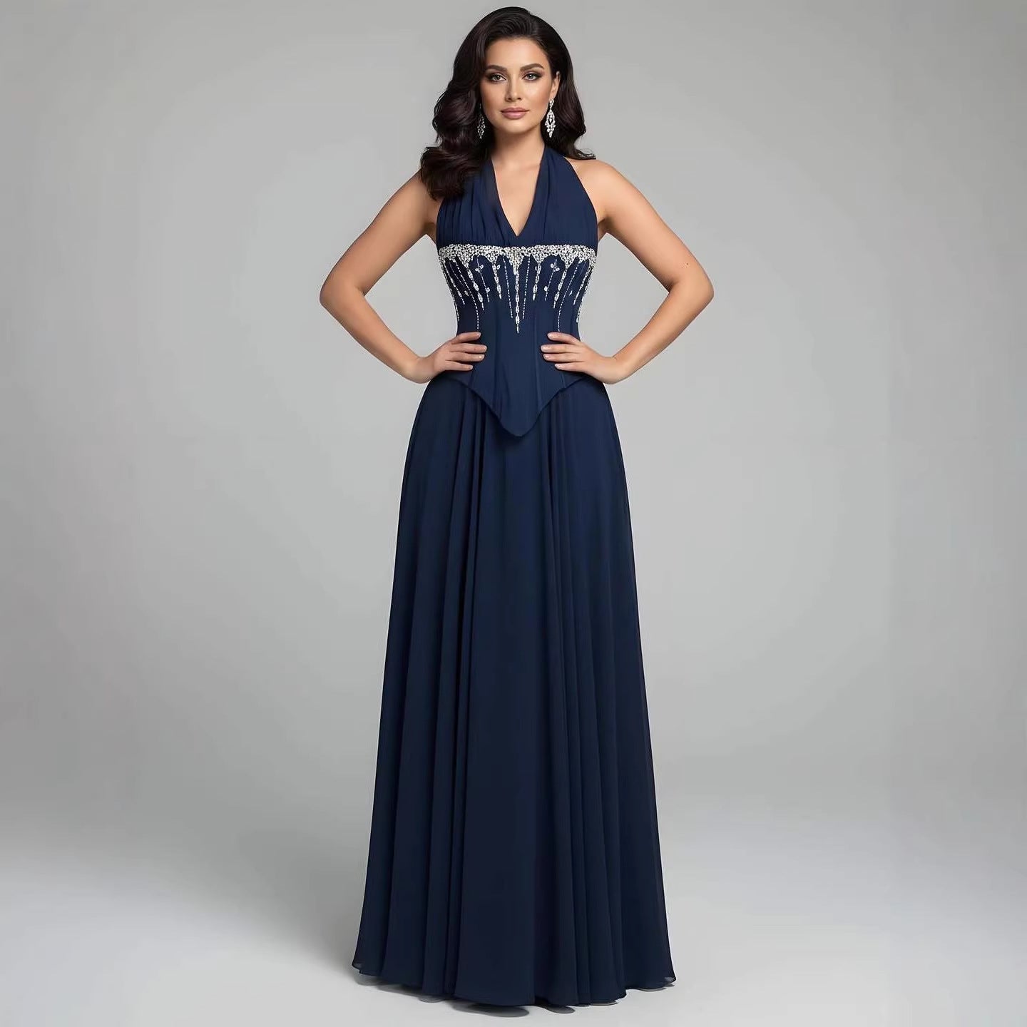 Luxury Designer Sage Green Chiffon Halter Beaded Evening Dress LA73074 - SERENE HILL