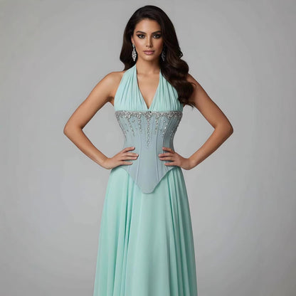 Luxury Designer Sage Green Chiffon Halter Beaded   Evening Dress LA73074