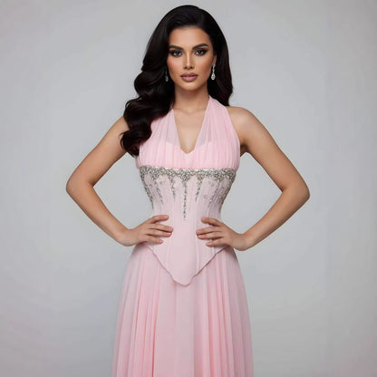 Luxury Designer Sage Green Chiffon Halter Beaded   Evening Dress LA73074
