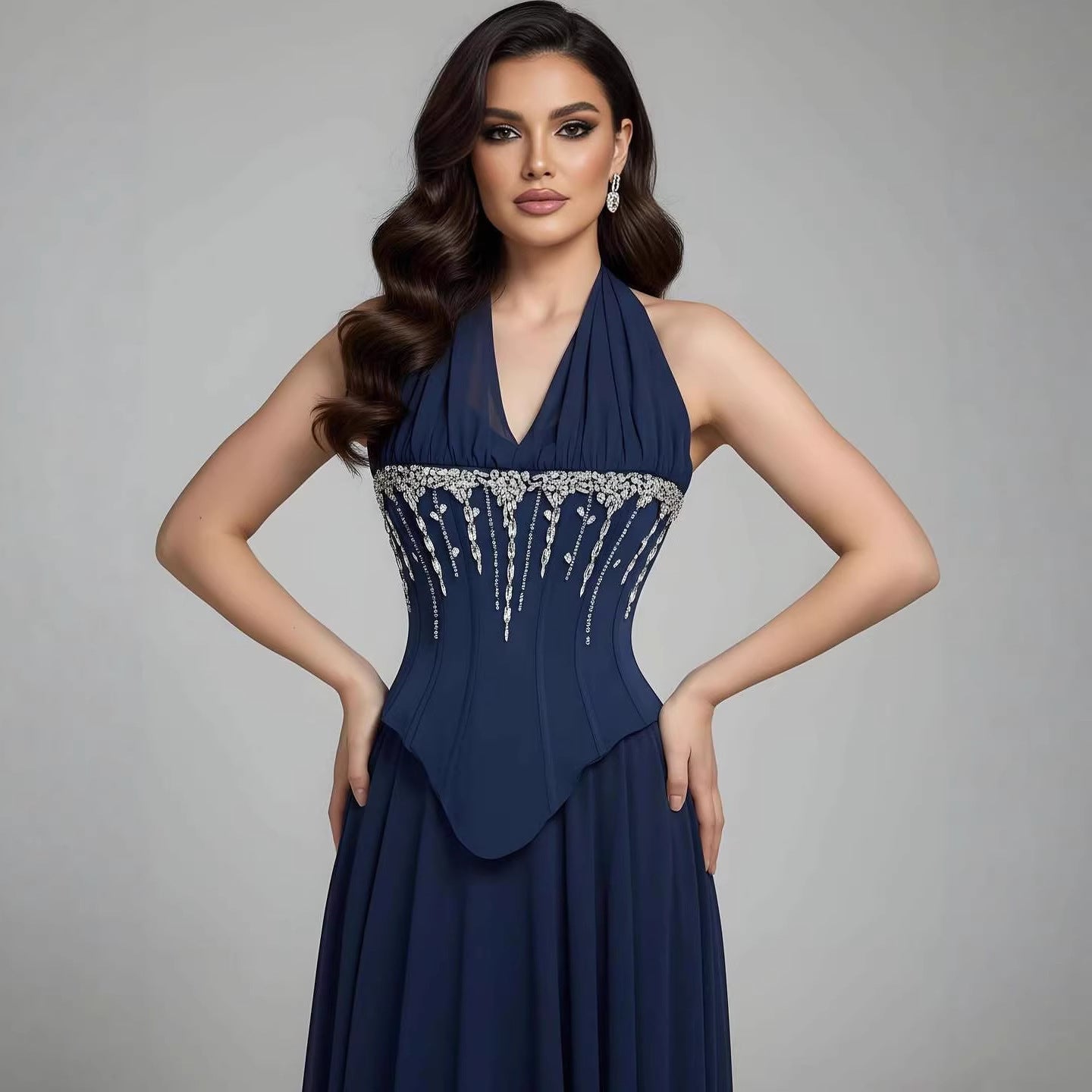 Luxury Designer Sage Green Chiffon Halter Beaded Evening Dress LA73074 - SERENE HILL