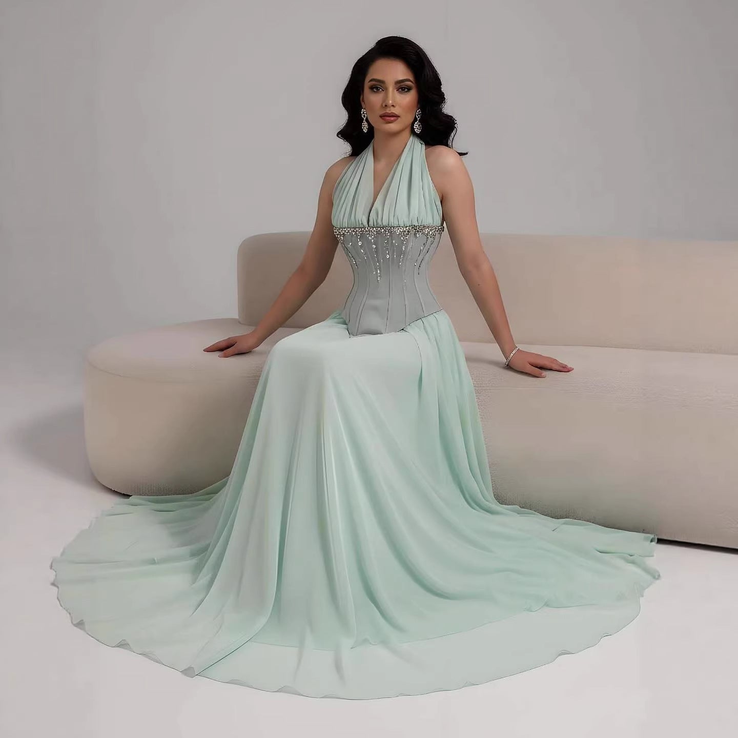 Luxury Designer Sage Green Chiffon Halter Beaded   Evening Dress LA73074