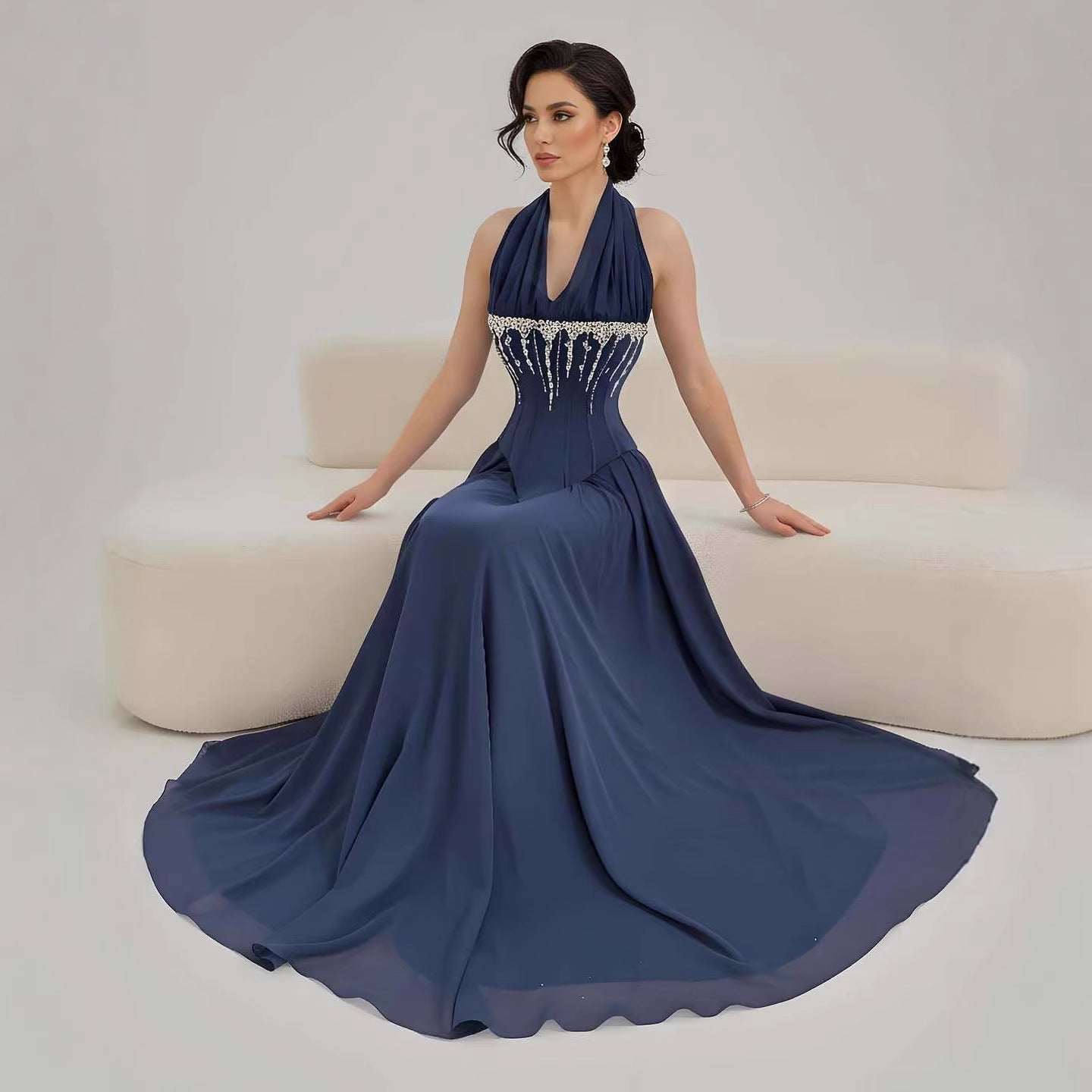 Luxury Designer Sage Green Chiffon Halter Beaded Evening Dress LA73074 - SERENE HILL