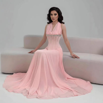 Luxury Designer Sage Green Chiffon Halter Beaded   Evening Dress LA73074