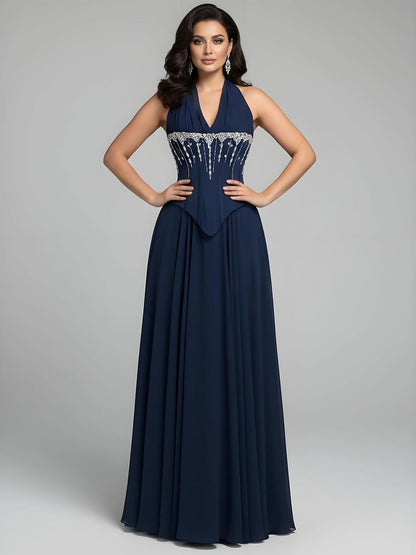 Luxury Designer Sage Green Chiffon Halter Beaded Evening Dress LA73074 - SERENE HILL