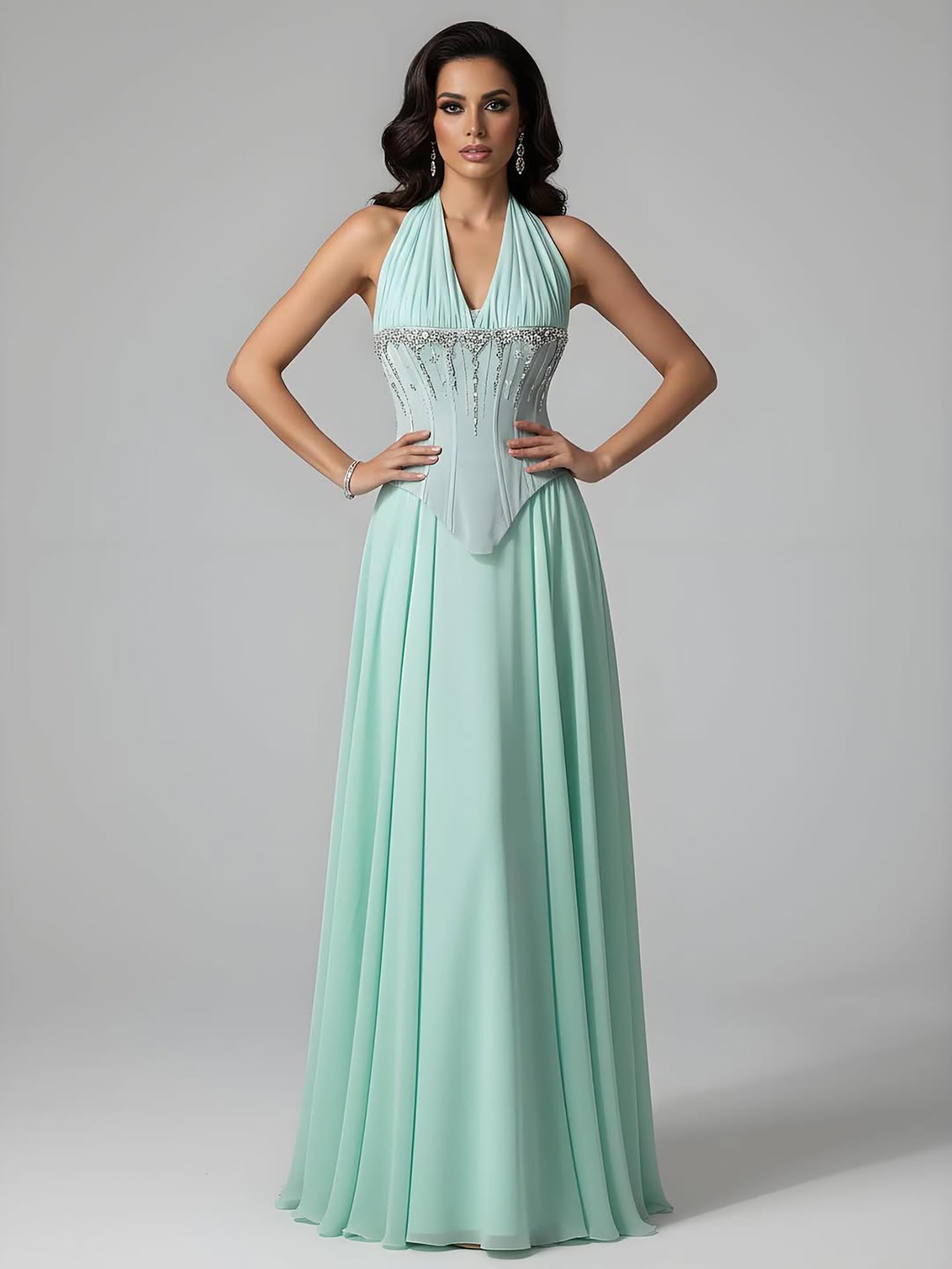 Luxury Designer Sage Green Chiffon Halter Beaded   Evening Dress LA73074