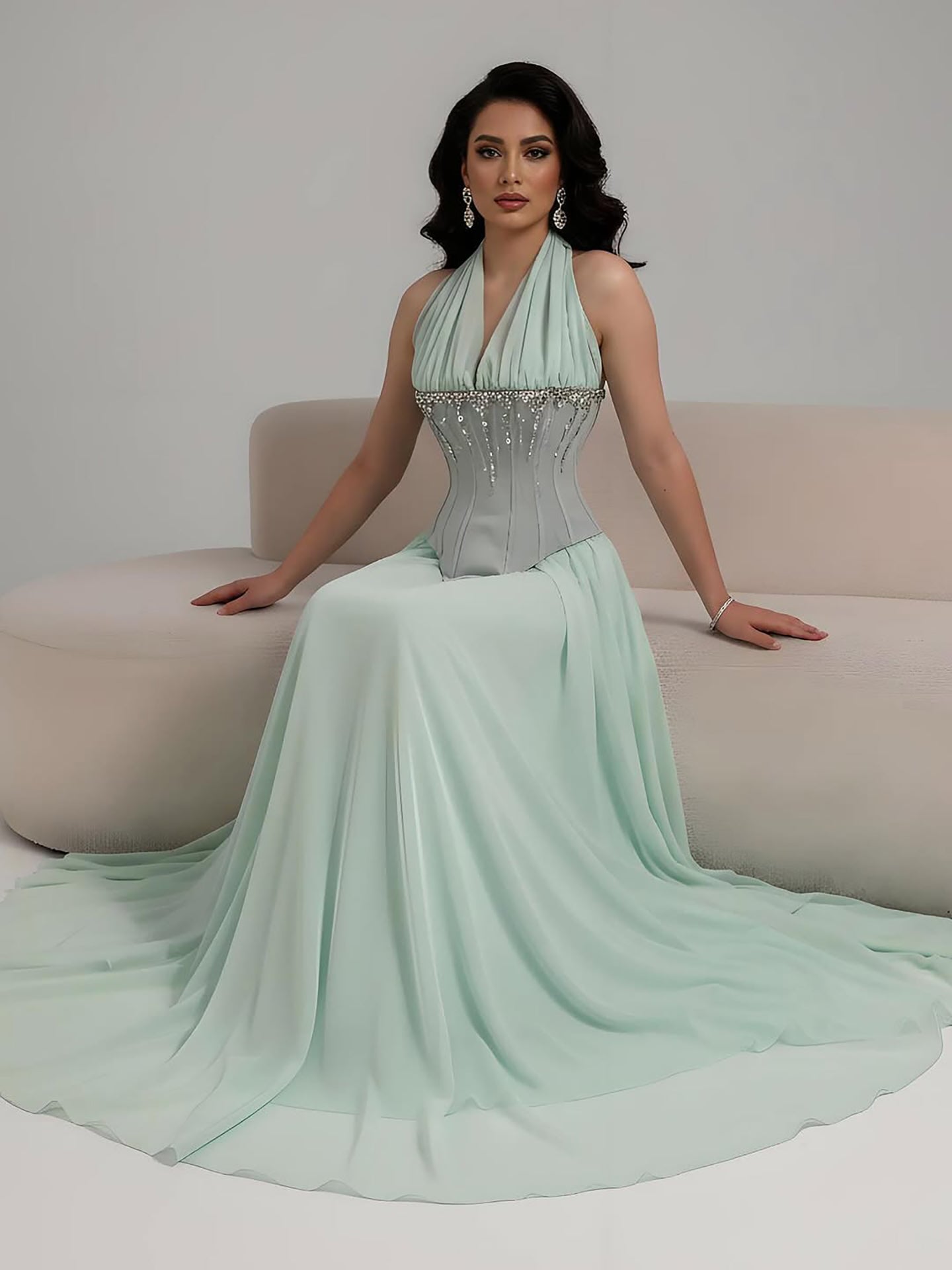 Luxury Designer Sage Green Chiffon Halter Beaded   Evening Dress LA73074