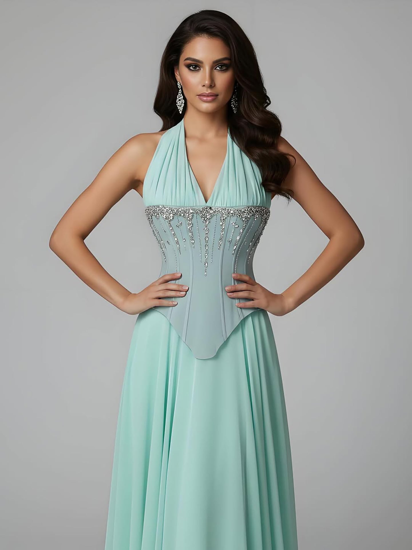 Luxury Designer Sage Green Chiffon Halter Beaded   Evening Dress LA73074