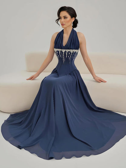 Luxury Designer Sage Green Chiffon Halter Beaded Evening Dress LA73074 - SERENE HILL