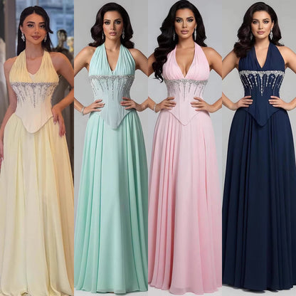 Luxury Designer Sage Green Chiffon Halter Beaded   Evening Dress LA73074