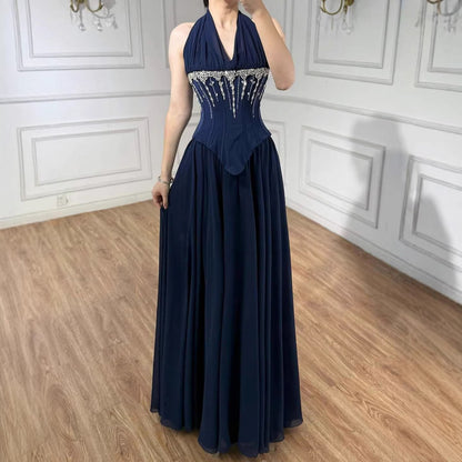 Luxury Designer Sage Green Chiffon Halter Beaded Evening Dress LA73074 - SERENE HILL