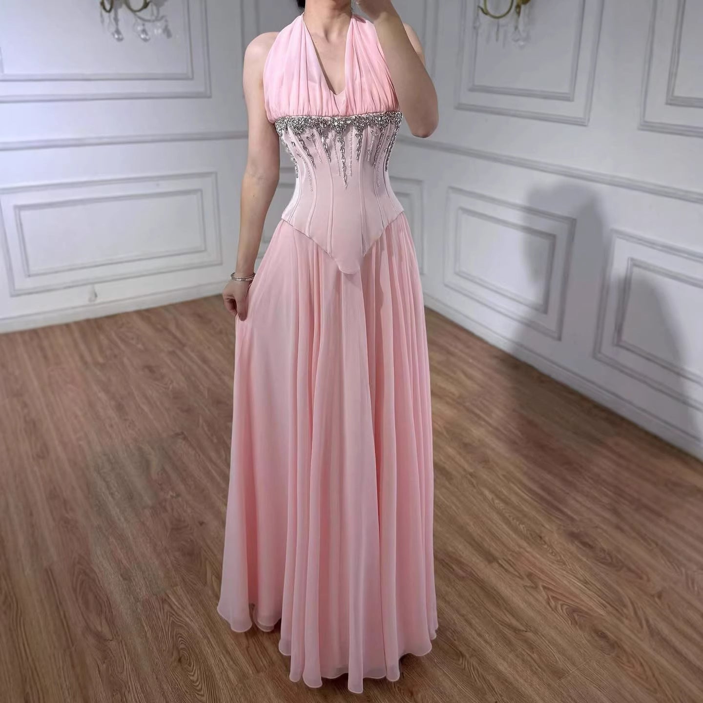 Luxury Designer Sage Green Chiffon Halter Beaded   Evening Dress LA73074