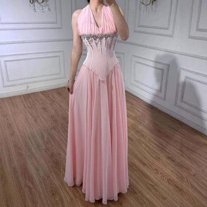 Luxury Designer Sage Green Chiffon Halter Beaded   Evening Dress LA73074