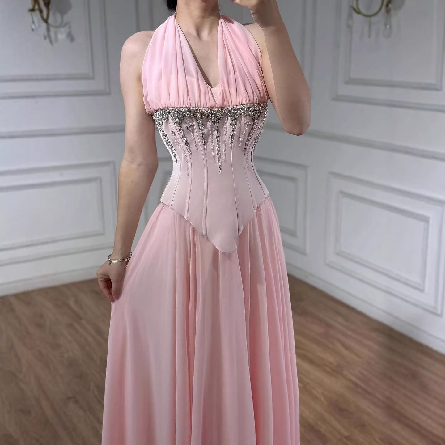 Luxury Designer Sage Green Chiffon Halter Beaded   Evening Dress LA73074