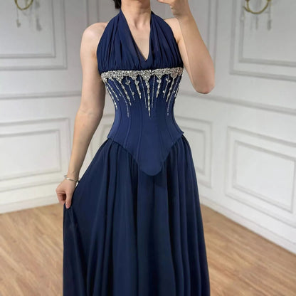 Luxury Designer Sage Green Chiffon Halter Beaded Evening Dress LA73074 - SERENE HILL