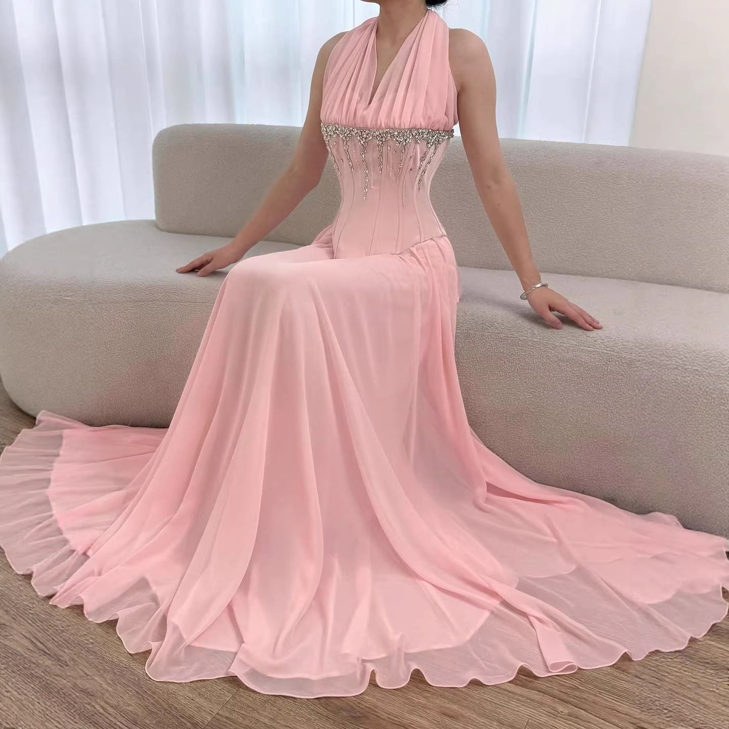 Luxury Designer Sage Green Chiffon Halter Beaded   Evening Dress LA73074