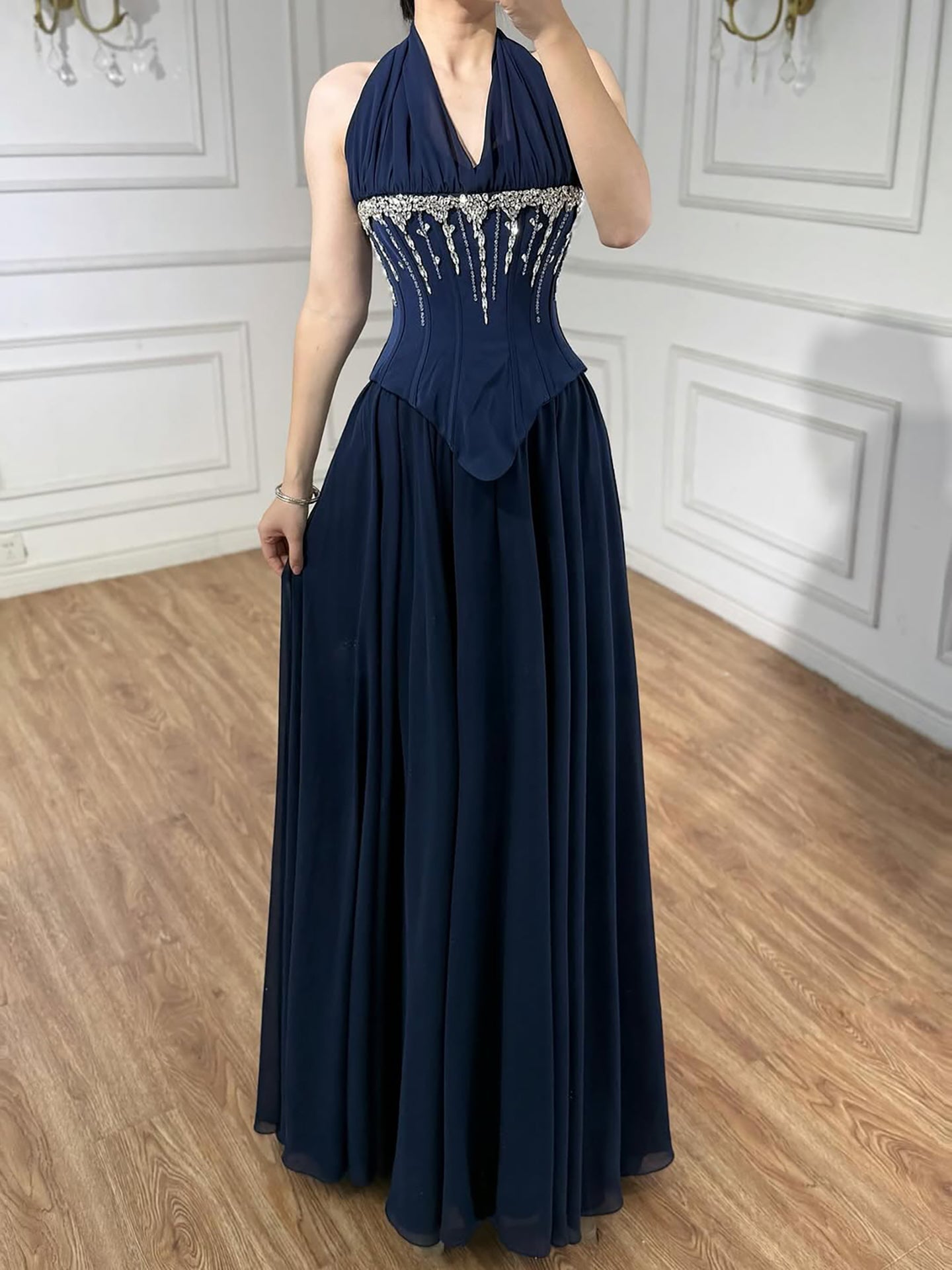 Luxury Designer Sage Green Chiffon Halter Beaded Evening Dress LA73074 - SERENE HILL